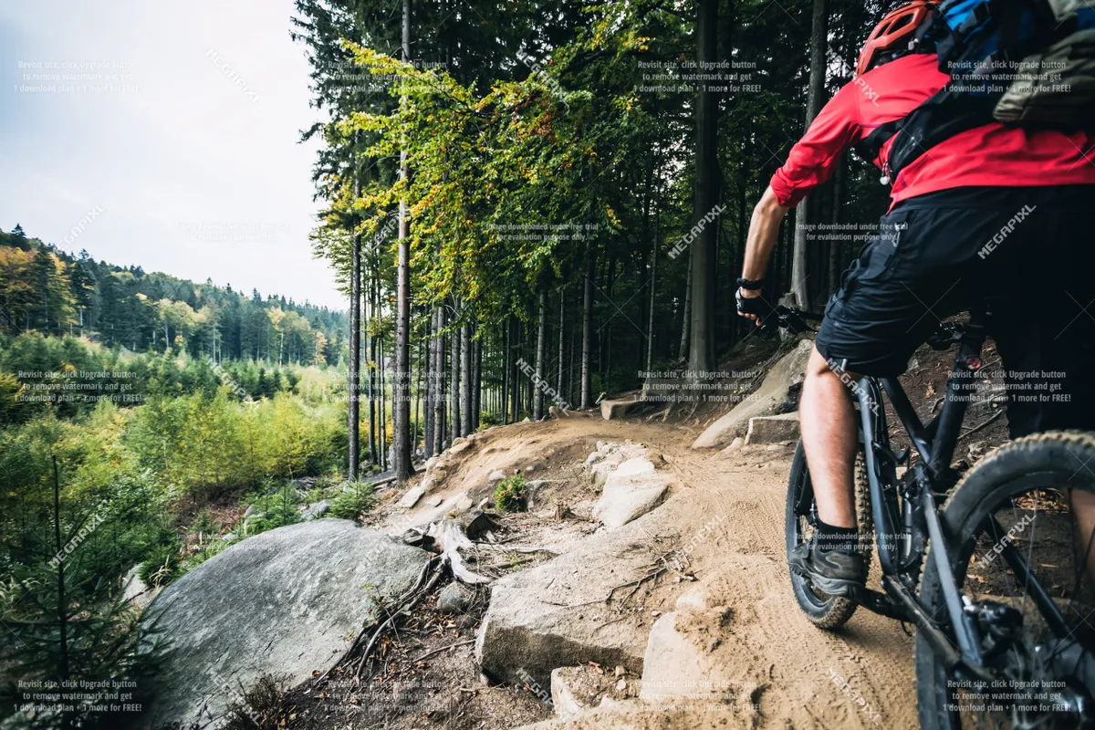 A mountain biker tackles a rocky path amidst lush green foliage, with the trail weaving through vibrant nature. The image conveys a sense of outdoor adventure, with options for hiking and mountain biking showcased by dramatic scenery.