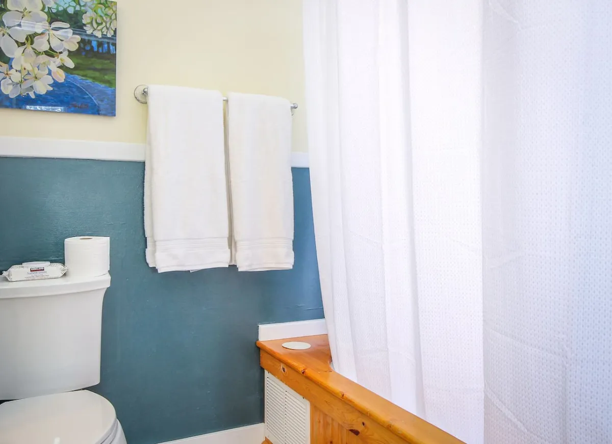 A serene bathroom scene is depicted, featuring a traditional claw foot tub complemented by plush towels and tasteful wall art. The scene radiates tranquility, inviting thoughts of relaxing baths and quiet moments of solitude after busy days outdoors.